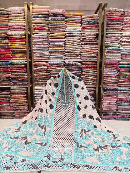 Muslin Dot Print Suit with Gota Work Neck
