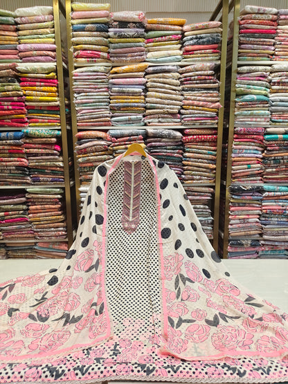 Muslin Dot Print Suit with Gota Work Neck