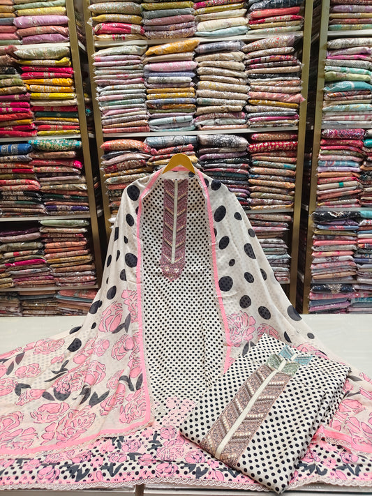 Muslin Dot Print Suit Set
Gota Work Neck Dress Material
Unstitched Muslin Suit India
Floral Dupatta Suit Set
Lightweight Ethnic Wear Muslin