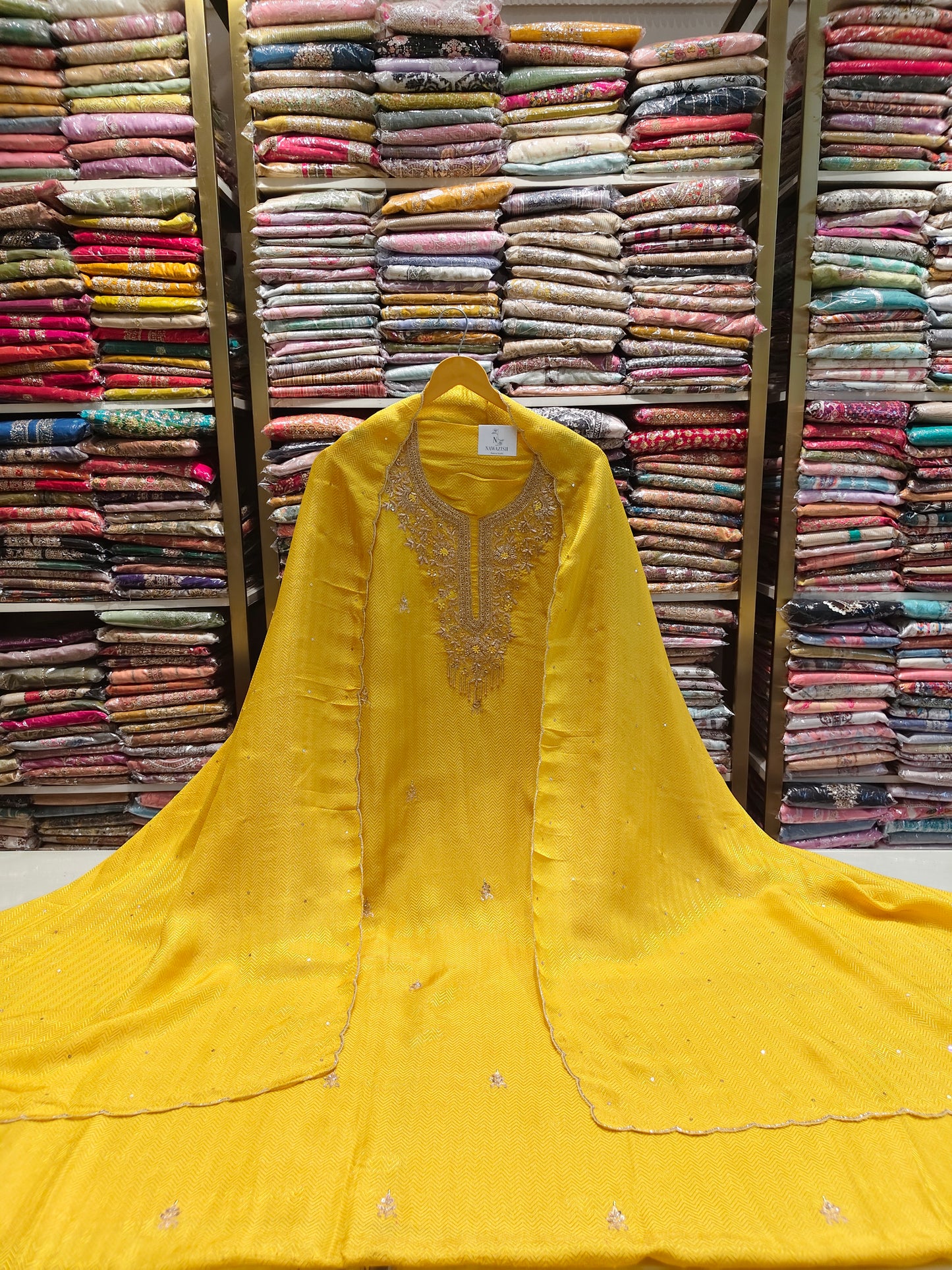 Yellow Crepe Suit Set
Dabka Work Dress Material
Katdana Embroidery Suit
Wedding Wear Unstitched Suit
Designer Yellow Ethnic Suit