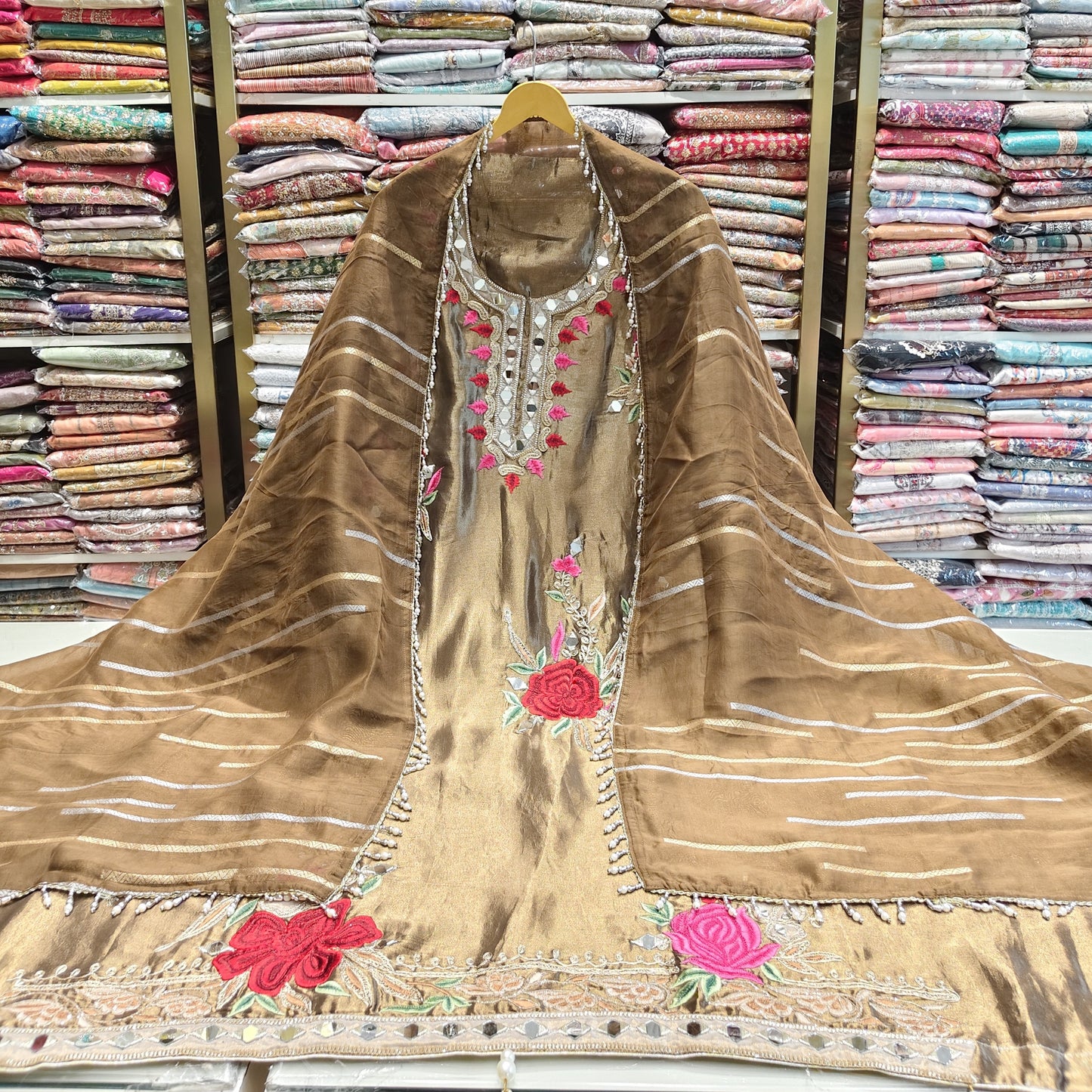Gold Tissue Suit Set
Zari Resham Work Dress Material
Mirror Work Ethnic Suit
Wedding Wear Unstitched Suit
Organza Dupatta Suit Set