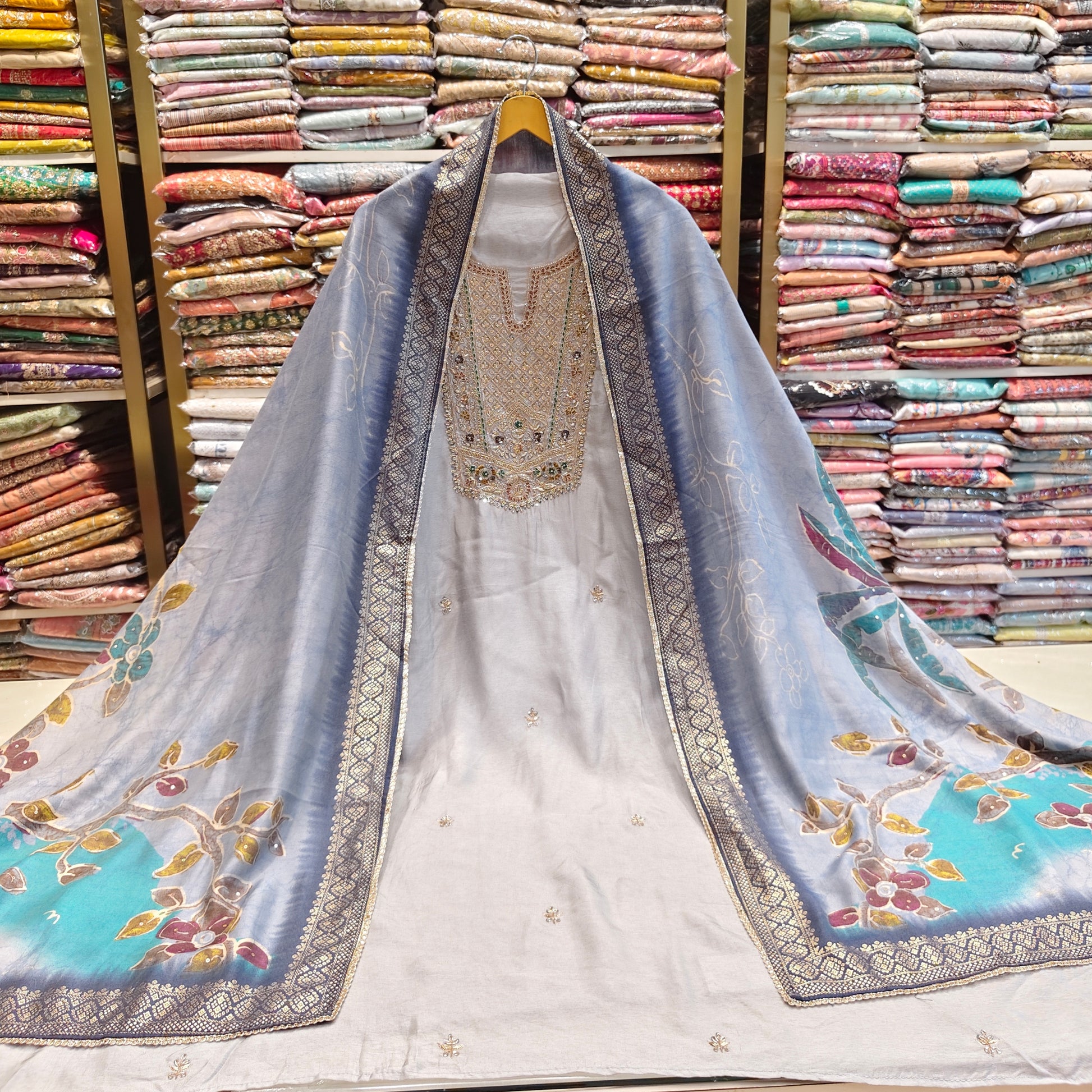 Grey Dola Silk Suit Set
Dabka Katdana Work Dress Material
Designer Silk Suit India
Wedding Wear Unstitched Suit
Floral Dupatta Silk Suit