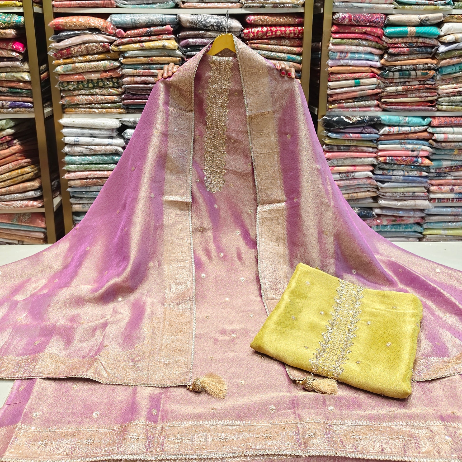 Tissue Designer Suit Set
Dabka Work Dress Material
Pull Work Ethnic Suit
Festive Wear Unstitched Suit
Elegant Tissue Suit India