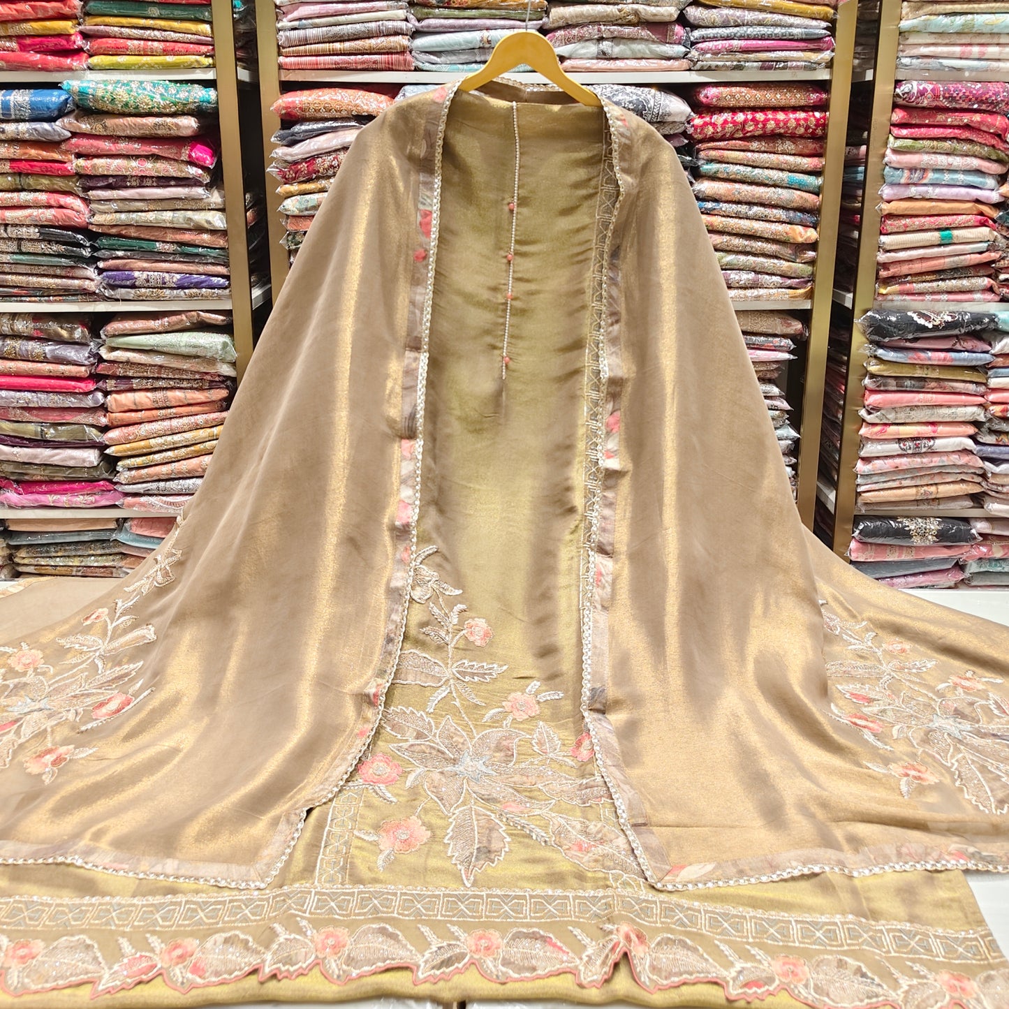 Gold Tissue Suit Set
Zari Patch Work Dress Material
Resham Work Ethnic Suit
Designer Unstitched Suit India
Festive Wear Tissue Suit