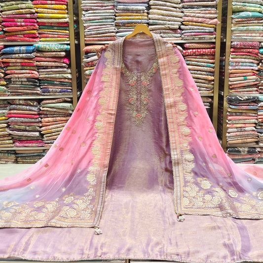 Lavender Tissue Suit Set
Zari Dabka Work Dress Material
Designer Pastel Ethnic Suit
Tissue Organza Dupatta Suit
Festive Wear Unstitched Suit