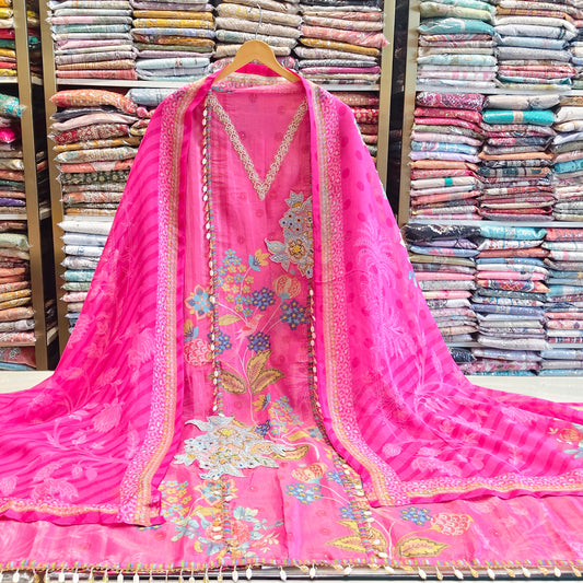 Floral Tissue Unstitched Suit with Katdana Resham & Zari Work