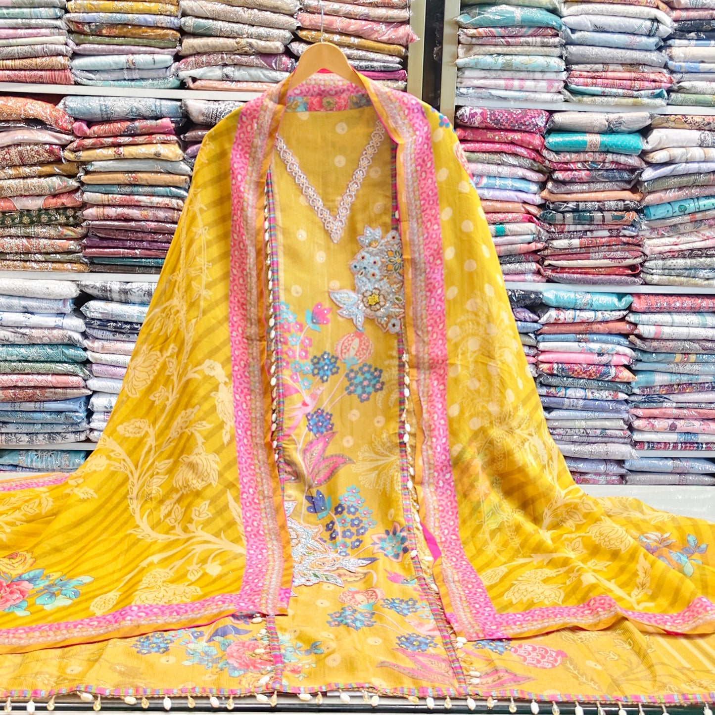 Floral Tissue Unstitched Suit with Katdana Resham & Zari Work