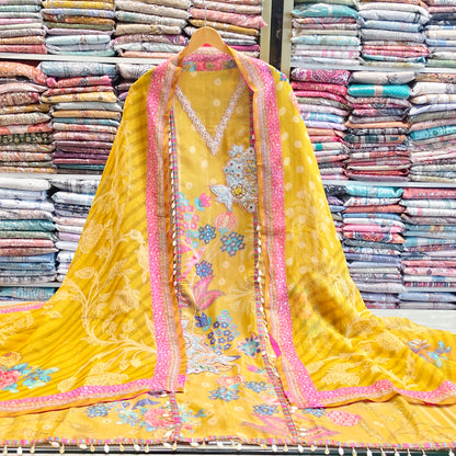 Floral Tissue Unstitched Suit with Katdana Resham & Zari Work