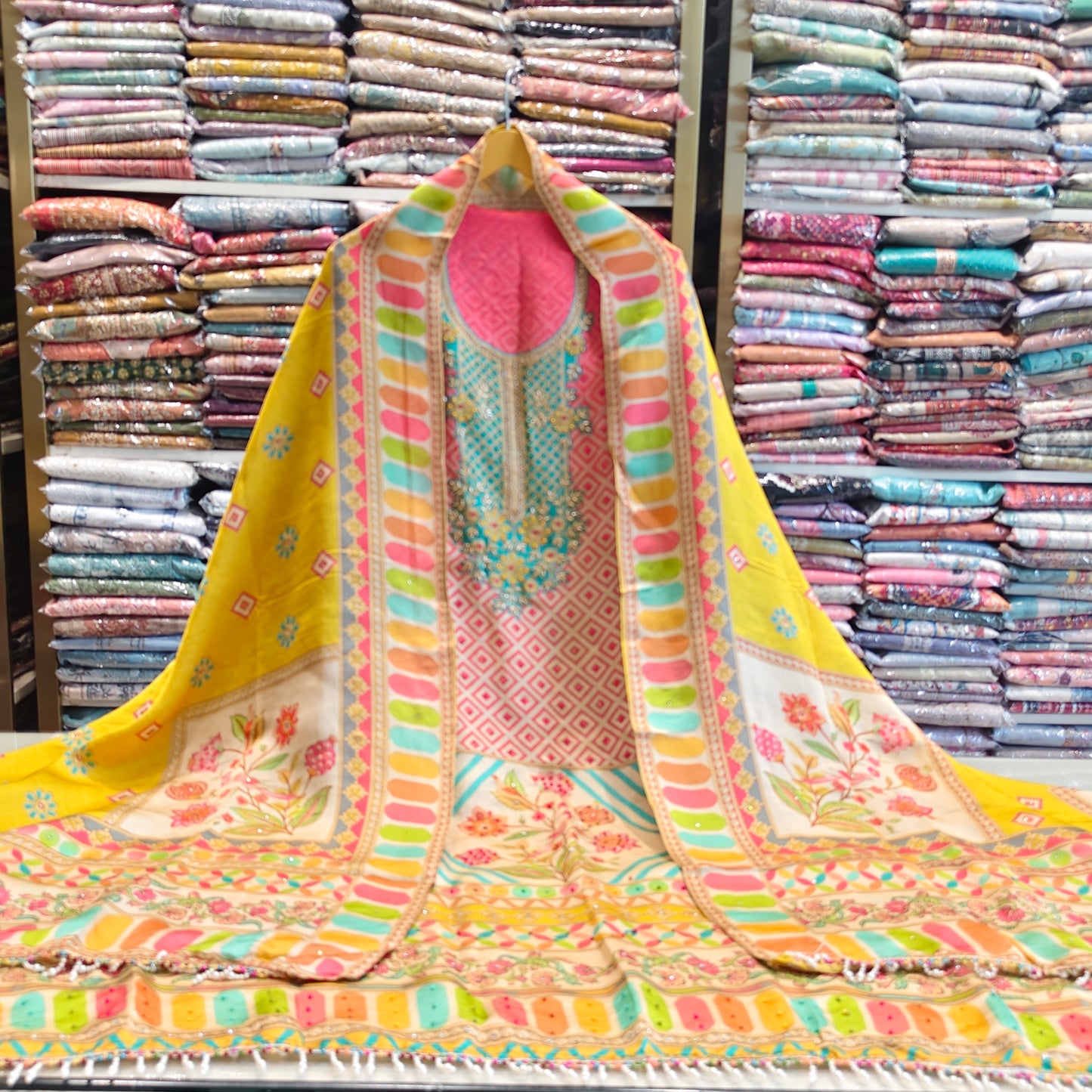 Floral Crepe Unstitched Suit with Katdana & Pull Work