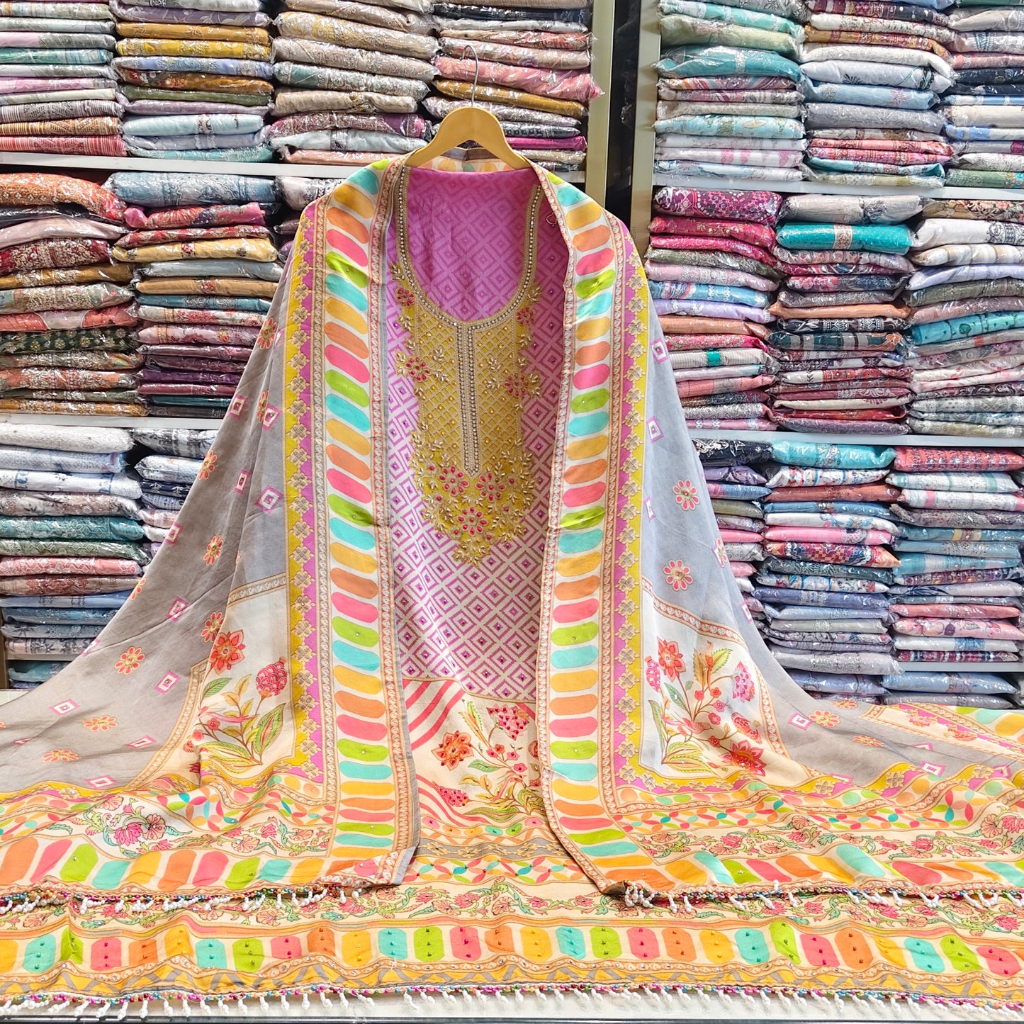 Floral Crepe Unstitched Suit with Katdana & Pull Work