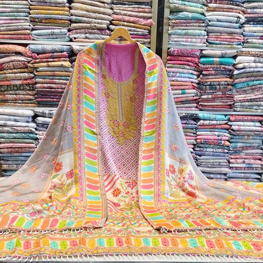 Floral Crepe Unstitched Suit with Katdana & Pull Work