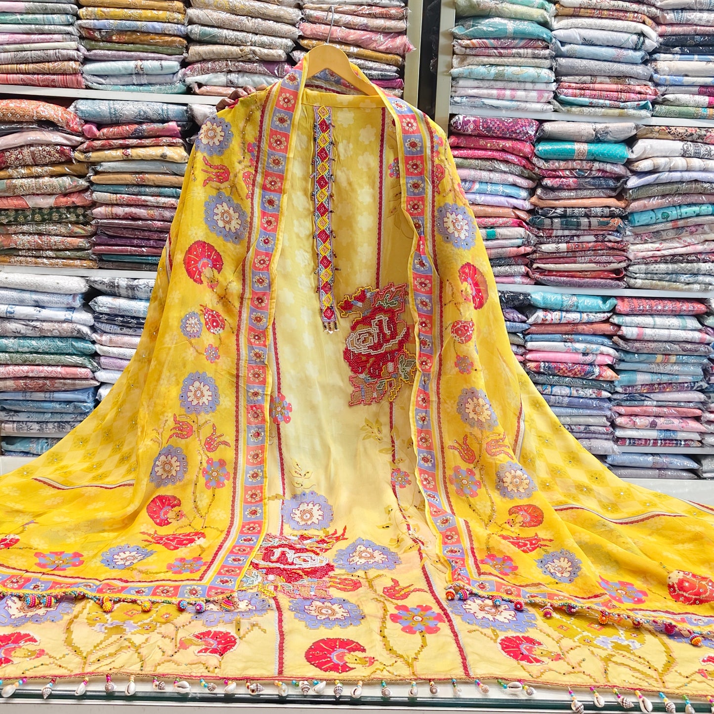 Floral Crepe Unstitched Suit with Karachi Work & Organza Dupatta