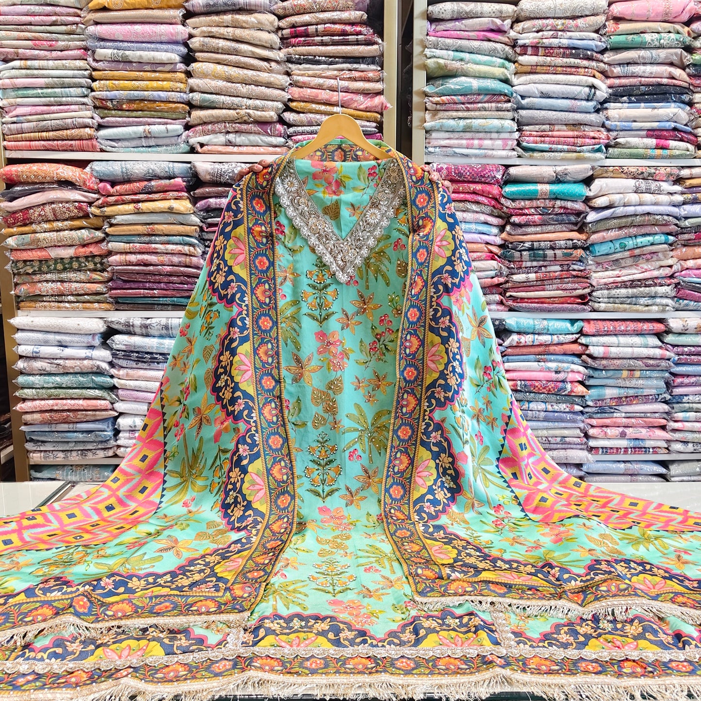 Floral Crepe Unstitched Suit with Zarkan, Katdana & Sequins Work