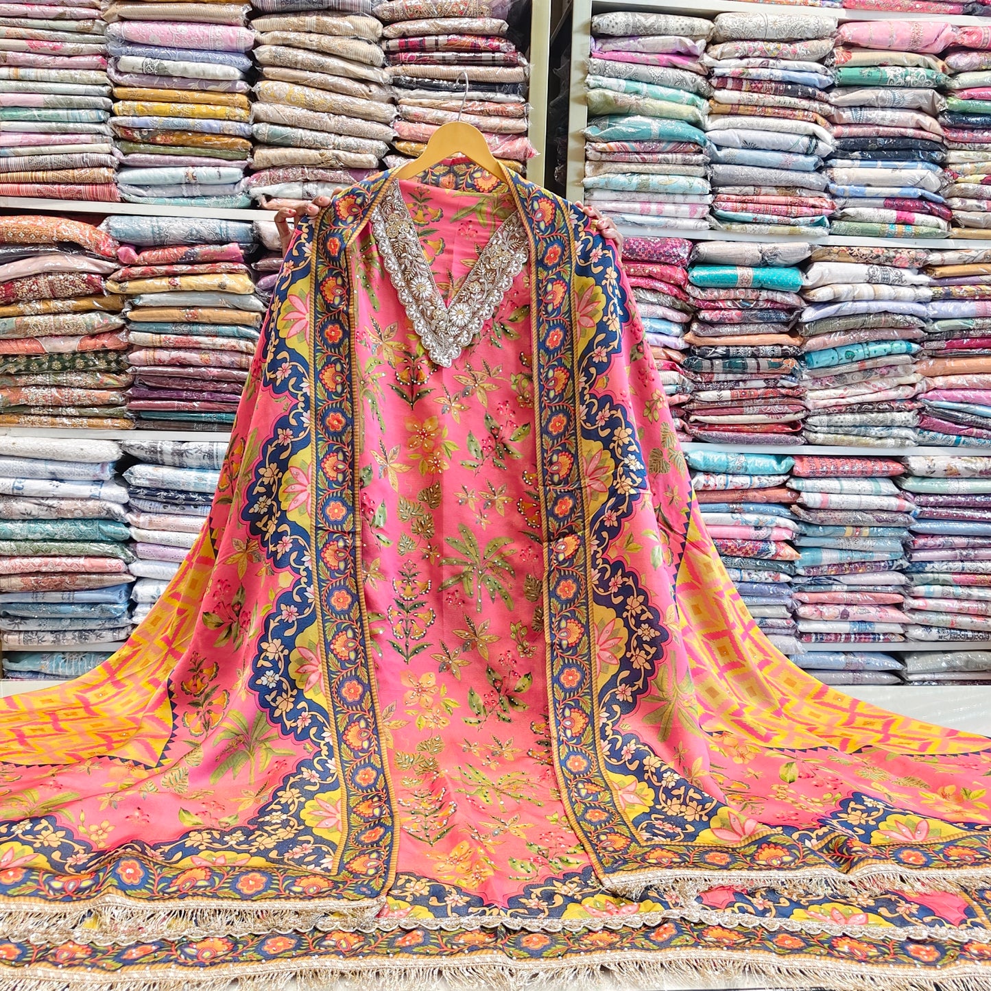 Floral Crepe Unstitched Suit with Zarkan, Katdana & Sequins Work