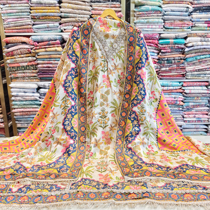 Floral Crepe Unstitched Suit with Zarkan, Katdana & Sequins Work