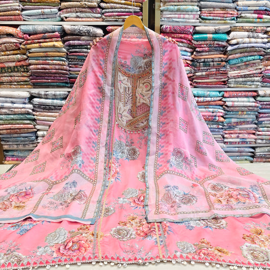 Baby Pink Organza Suit Set
Zarkan Work Unstitched Suit
Floral Organza Dress Material
Designer Organza Suit with Dupatta
Elegant Pink Ethnic Suit India