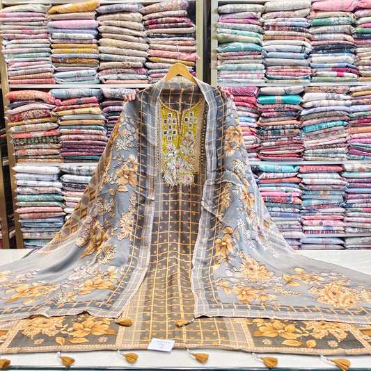 Grey Crepe Unstitched Suit
Zarkan Resham Work Suit
Floral Crepe Dress Material
Designer Suit with Dupatta
Ethnic Suit India