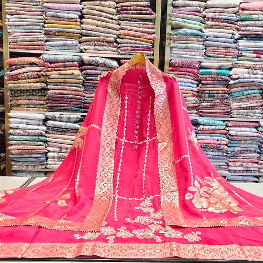 Red Organza Unstitched Suit
Resham Zari Work Suit
Designer Organza Dress Material
Organza Suit with Silk Bottom
Ethnic Suit India