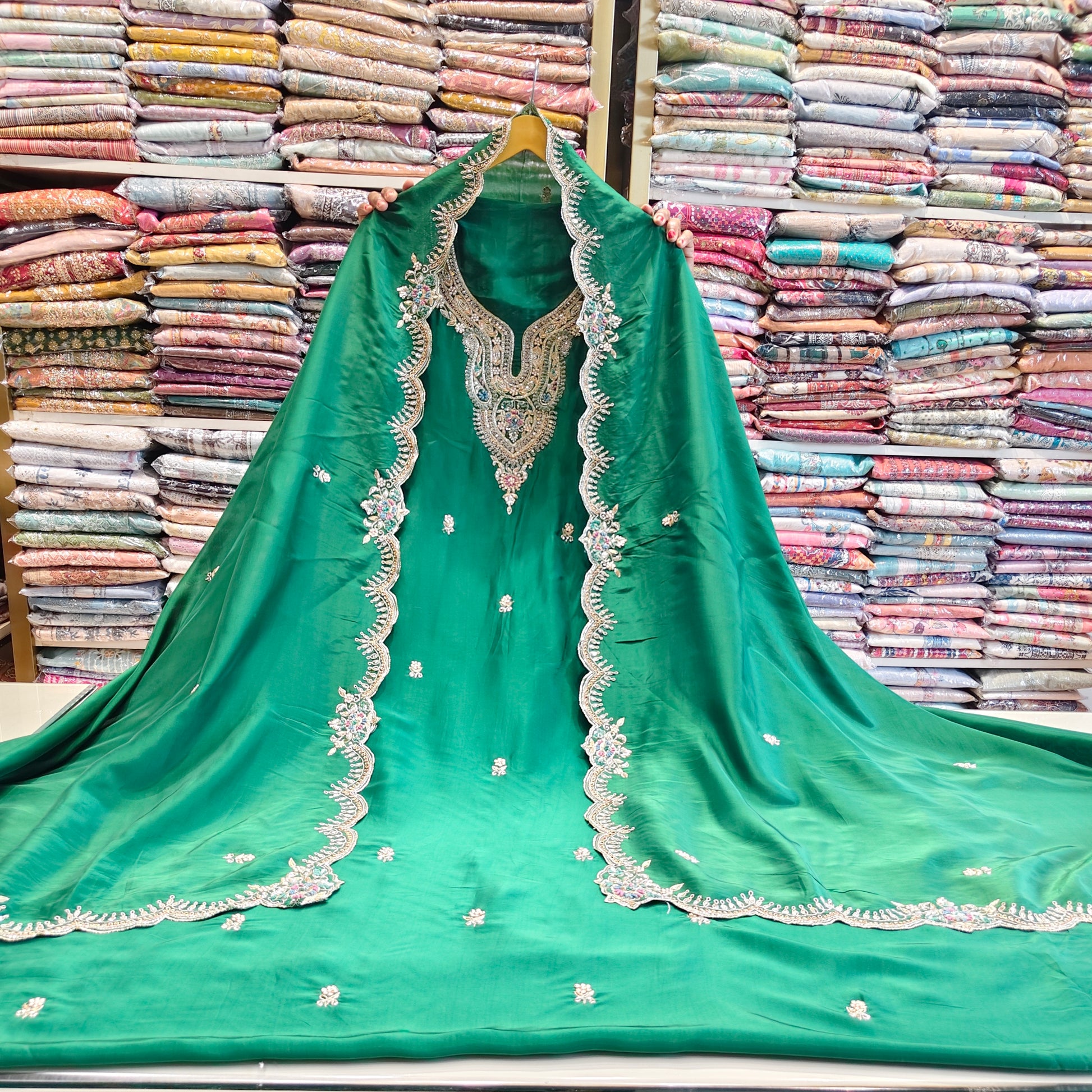 Green Crepe Unstitched Suit
Dabka Katdana Work Suit
Heavy Embroidered Dress Material
Designer Suit for Wedding
Ethnic Suit India