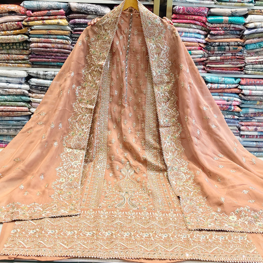 Gold Organza Unstitched Suit
Sequin Zari Work Suit
Designer Organza Dress Material
Organza Suit with Silk Bottom
Ethnic Suit India