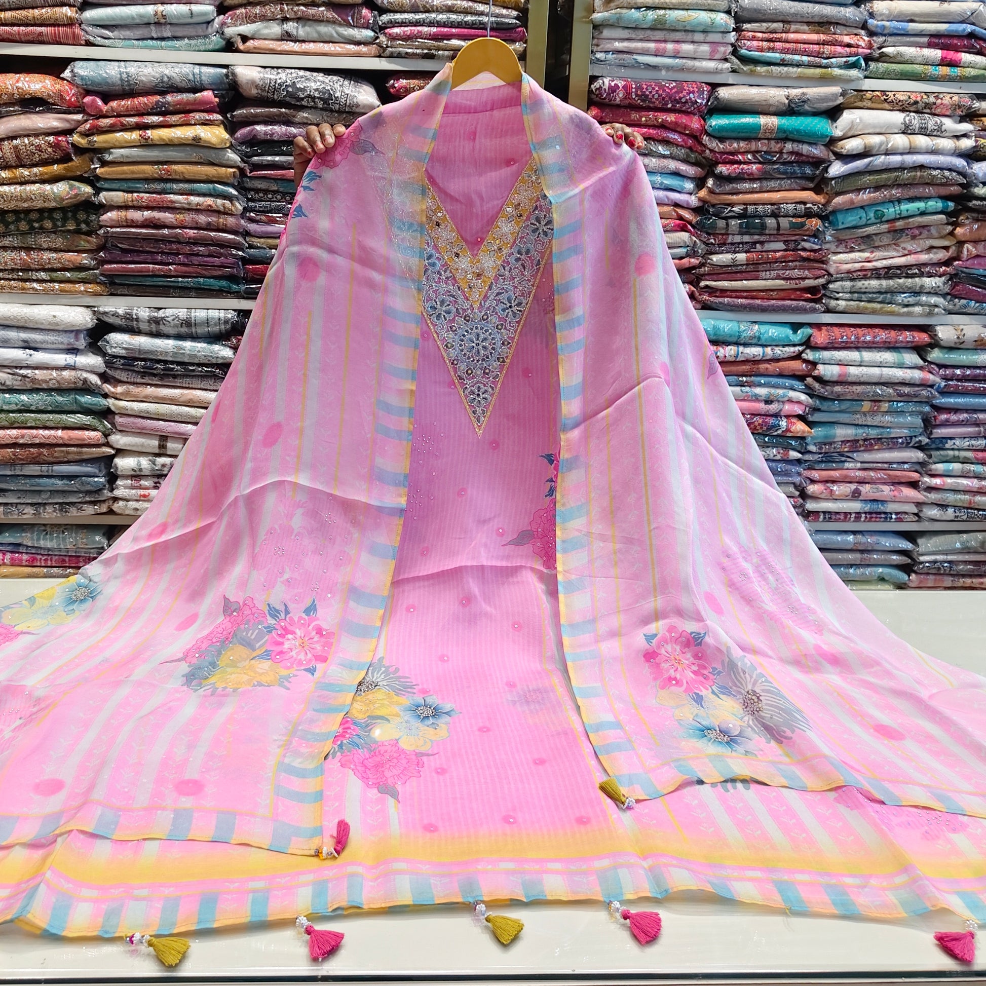 Pink Organza Unstitched Suit
Sequin Resham Mirror Work Suit
Floral Organza Dress Material
Designer Organza Suit with Dupatta
Elegant Pink Ethnic Suit India