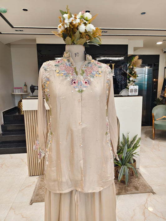 Beige Chiffon Dabka Co-Ord Set