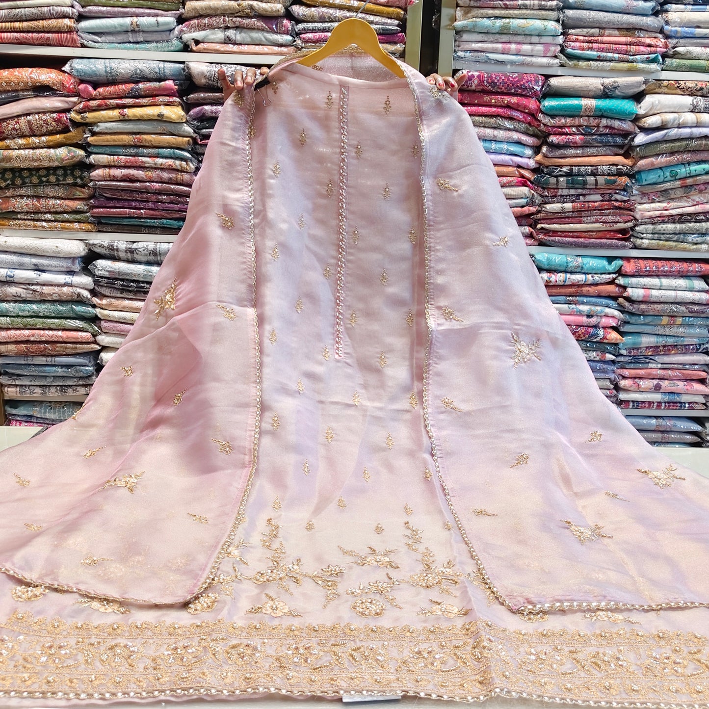 Lavender Tissue Unstitched Suit
Zari Pull Work Suit
Designer Tissue Dress Material
Elegant Ethnic Suit India
Tissue Suit with Silk Bottom