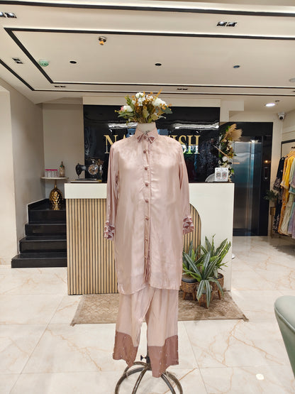 Rose gold crepe co ord set
Handwork coord set for women
Designer party wear co ord
Stylish crepe pants set
Festive rose gold outfit