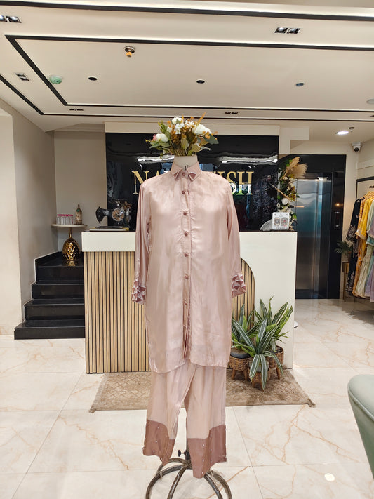 Rose gold crepe co ord set
Handwork coord set for women
Designer party wear co ord
Stylish crepe pants set
Festive rose gold outfit