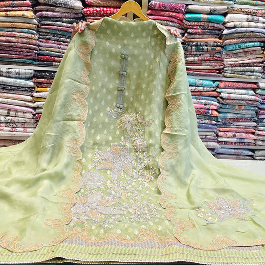 Pista green tissue suit set
Zari resham patch work suit
Organza dupatta heavy border suit
Designer unstitched festive suit
Tissue silk ethnic wear for women