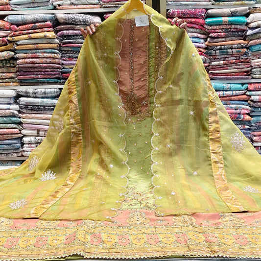 Mehndi green tissue suit
Gota patti digital print suit
Organza dupatta zari sequins suit
Festive unstitched suit set
Designer ethnic wear mehndi suit