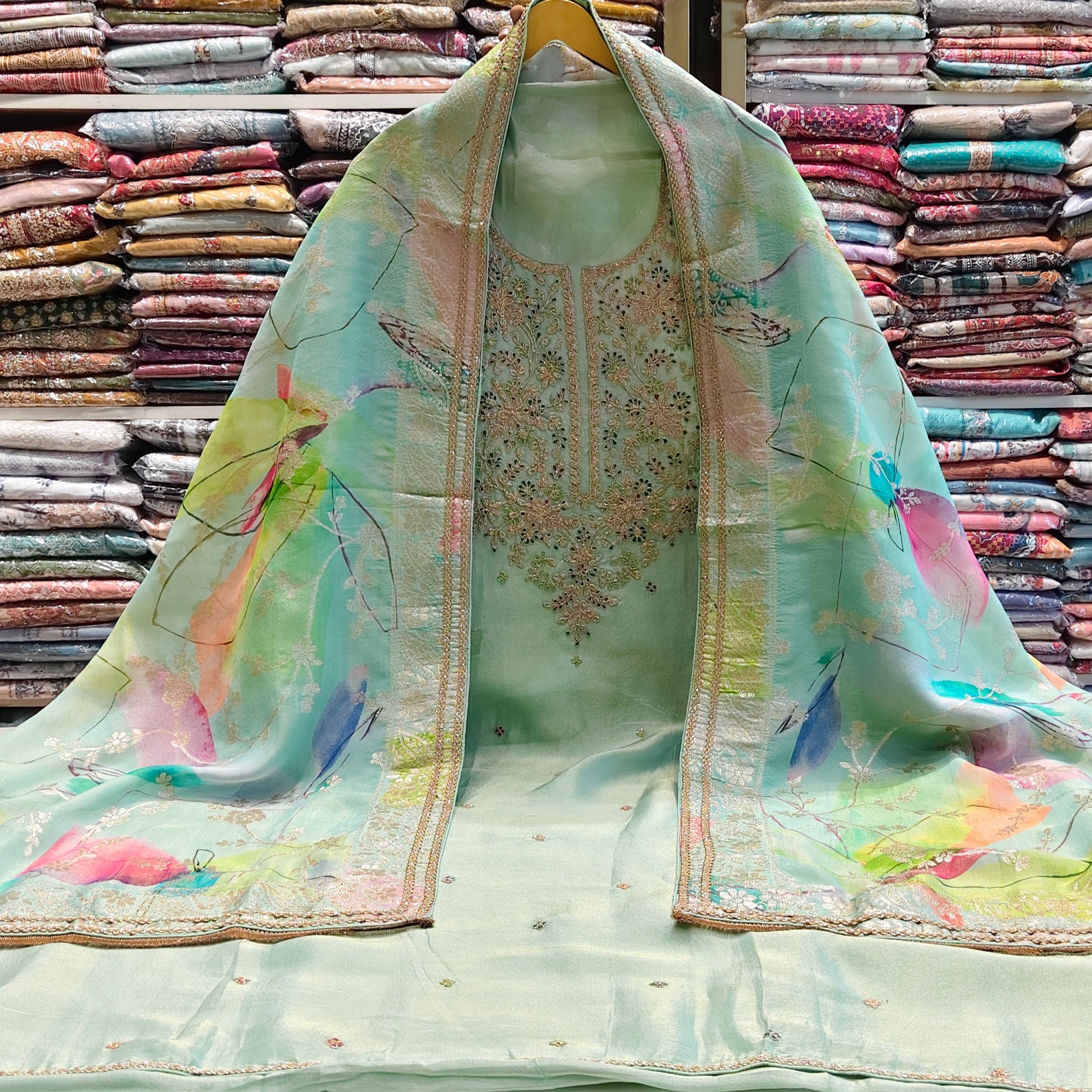 Green tissue zari resham suit
Floral printed dupatta ethnic suit
Designer unstitched festive wear
Tissue silk traditional suit for women
Zari work suit set green