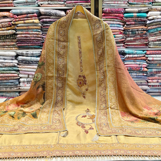 Gold tissue dabka kutdana suit
Heavy work wedding suit set
Designer unstitched gold suit
Crush tissue dupatta ethnic wear
Festive zari resham suit for women