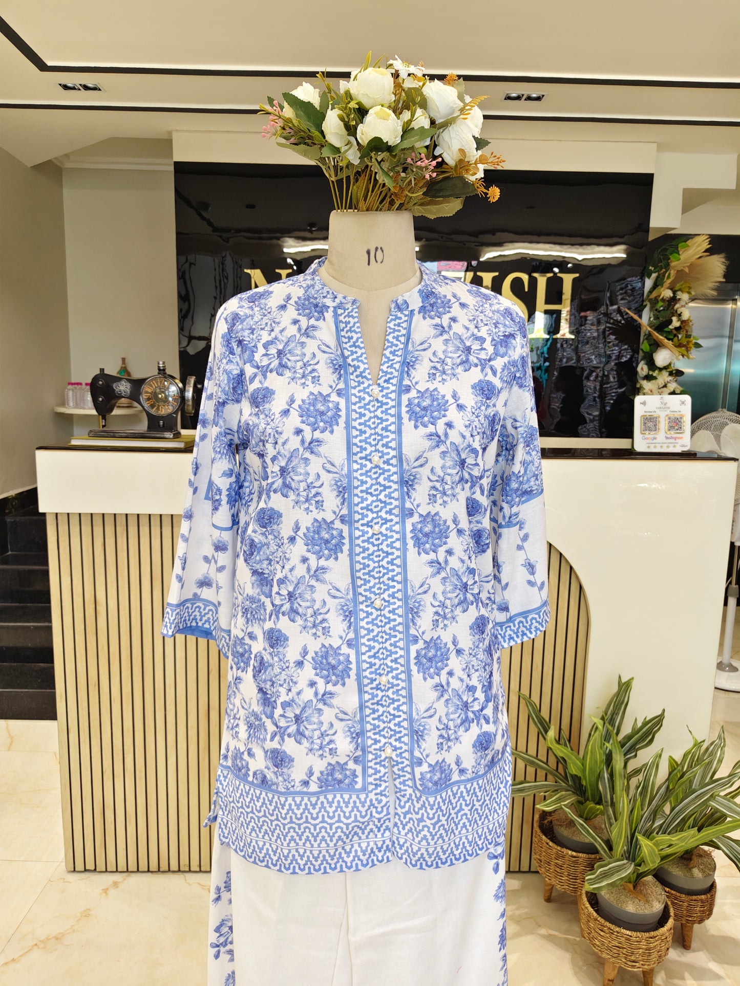 Off White Blue Linen Co-Ord Set