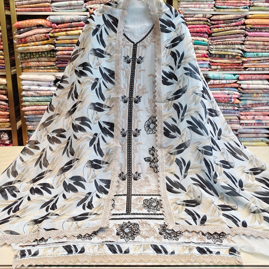 Ice blue organza suit
Resham work unstitched suit
Digital print dupatta suit set
Elegant festive ethnic wear
Designer organza suit for women