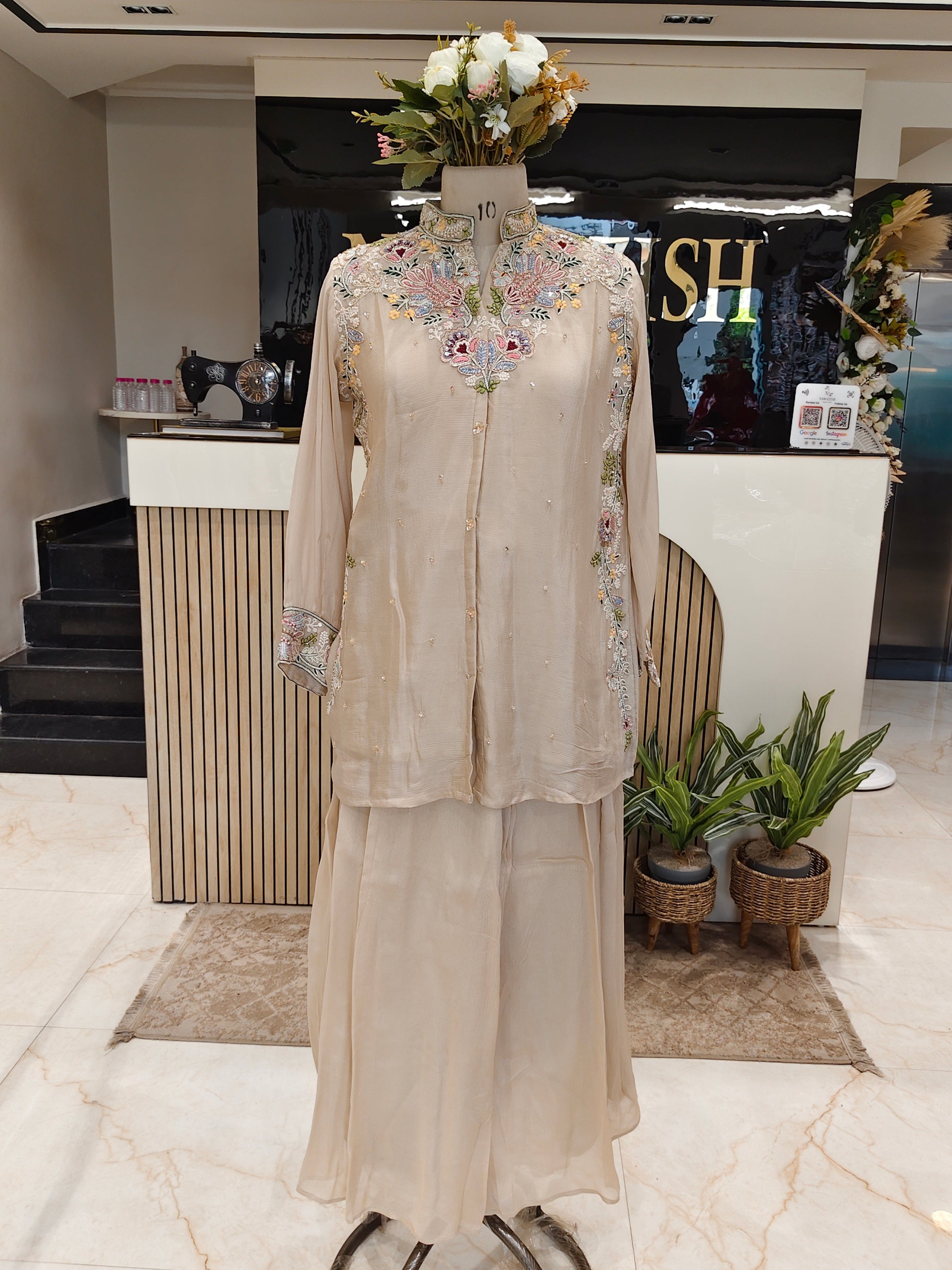 Beige chiffon co ord set
Dabka work ethnic outfit
Kutdana sequins plazzo set
Designer festive co ord wear
Elegant beige party wear set