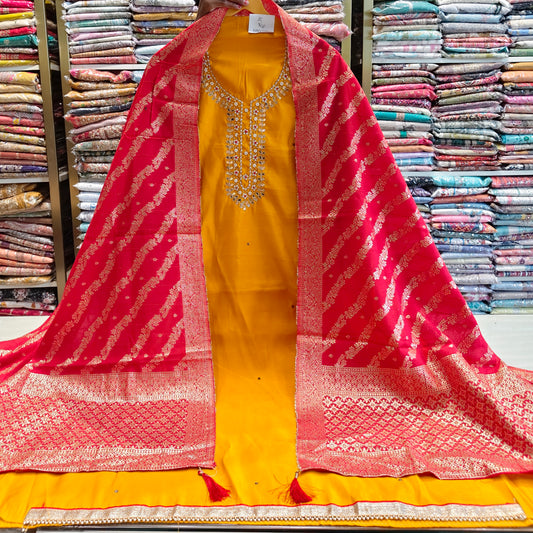 Mustard cotton suit set
Dabka work unstitched suit
Resham zari ethnic wear
Tissue dupatta festive suit
Designer cotton traditional suit