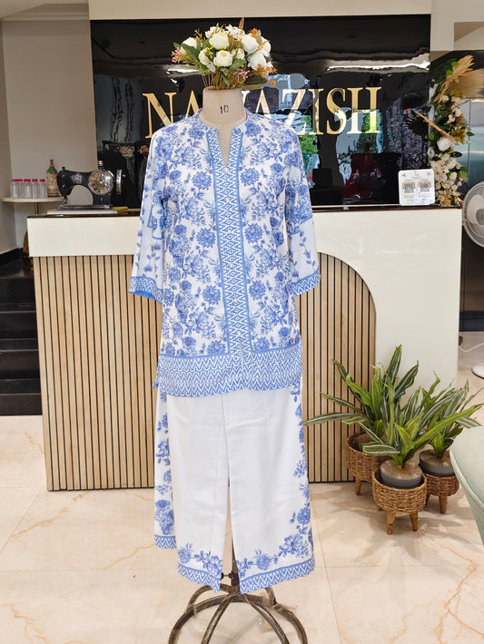 Linen floral co ord set
Off white blue plazzo set
Printed linen coord set women
Casual summer co ord outfit
Stylish floral ethnic wear