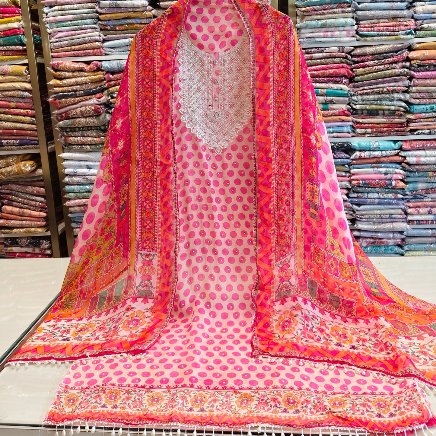 Pink georgette suit set
Mirror work unstitched suit
Zarkan pull work ethnic wear
Digital print dupatta suit
Festive pink designer suit