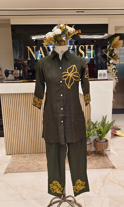 Bottle green silk co ord set
Resham work coord set women
Designer silk ethnic outfit
Festive bottle green pants set
Stylish party wear co ord set