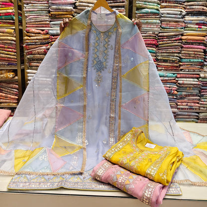 Organza patch work suit
Dori work unstitched suit
Multi colour dupatta suit set
Designer festive ethnic wear
Elegant organza party wear suit