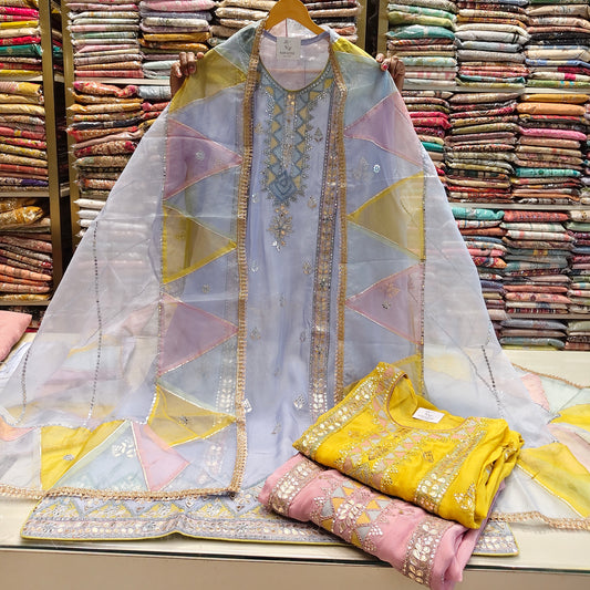 Organza patch work suit
Dori work unstitched suit
Multi colour dupatta suit set
Designer festive ethnic wear
Elegant organza party wear suit