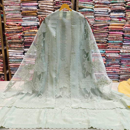 Sea green organza suit
Patch work unstitched suit
Resham work ethnic wear
Net dupatta festive suit
Designer party wear suit set