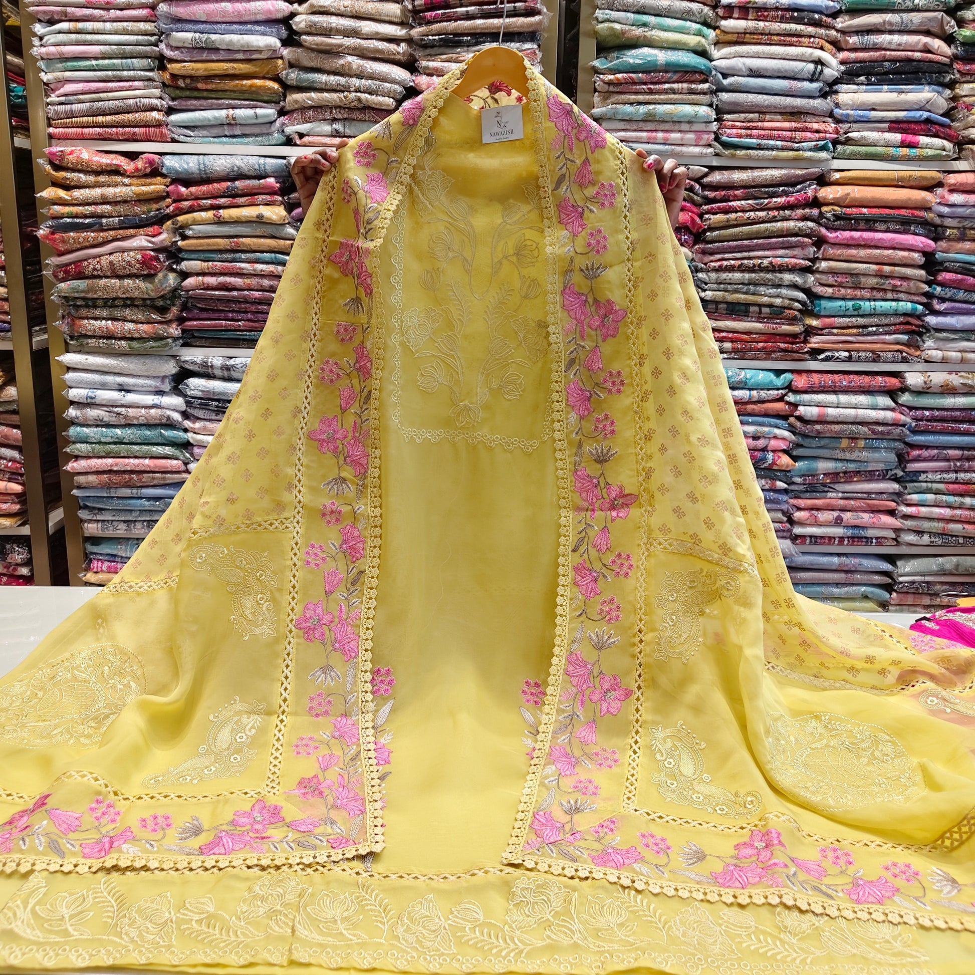 Mustard organza suit
Resham work unstitched suit
Organza dupatta ethnic wear
Designer festive suit set
Elegant mustard party wear suit
