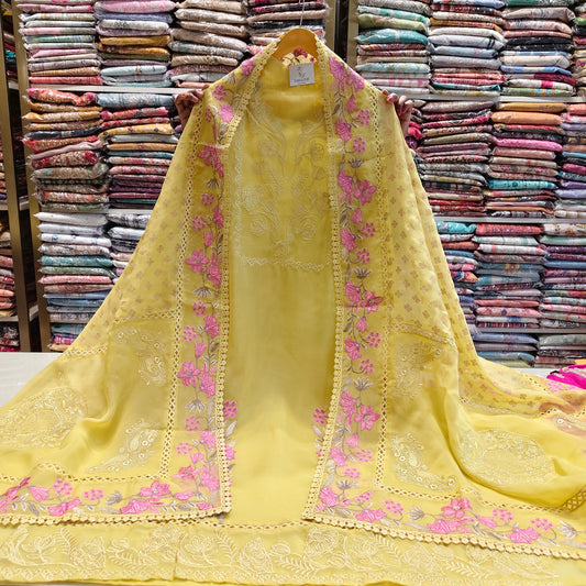 Mustard organza suit
Resham work unstitched suit
Organza dupatta ethnic wear
Designer festive suit set
Elegant mustard party wear suit