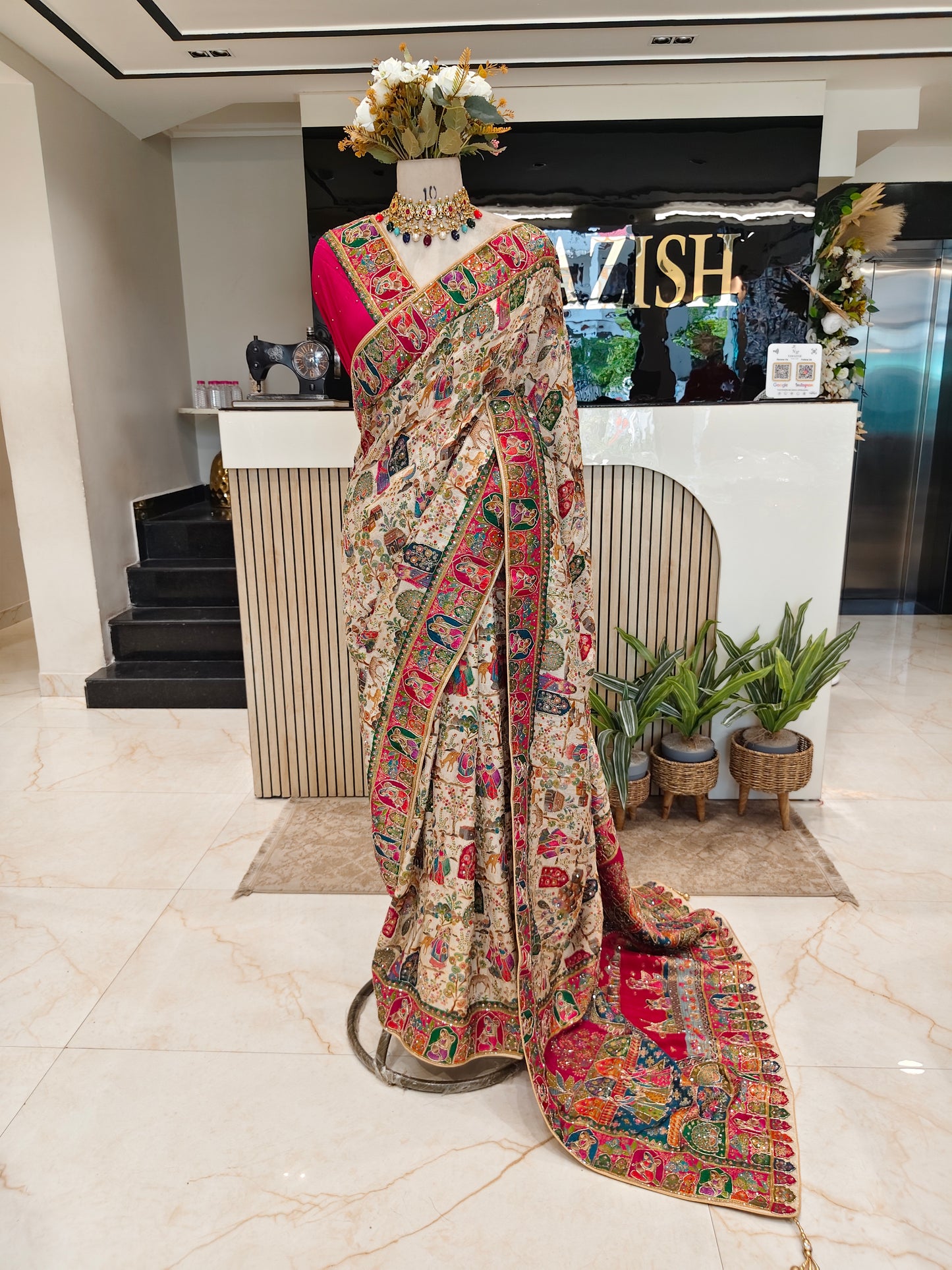 Cream Silk Designer Saree
