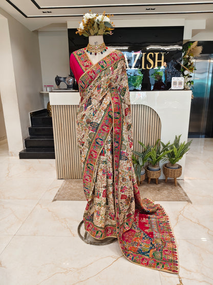 Cream Silk Designer Saree