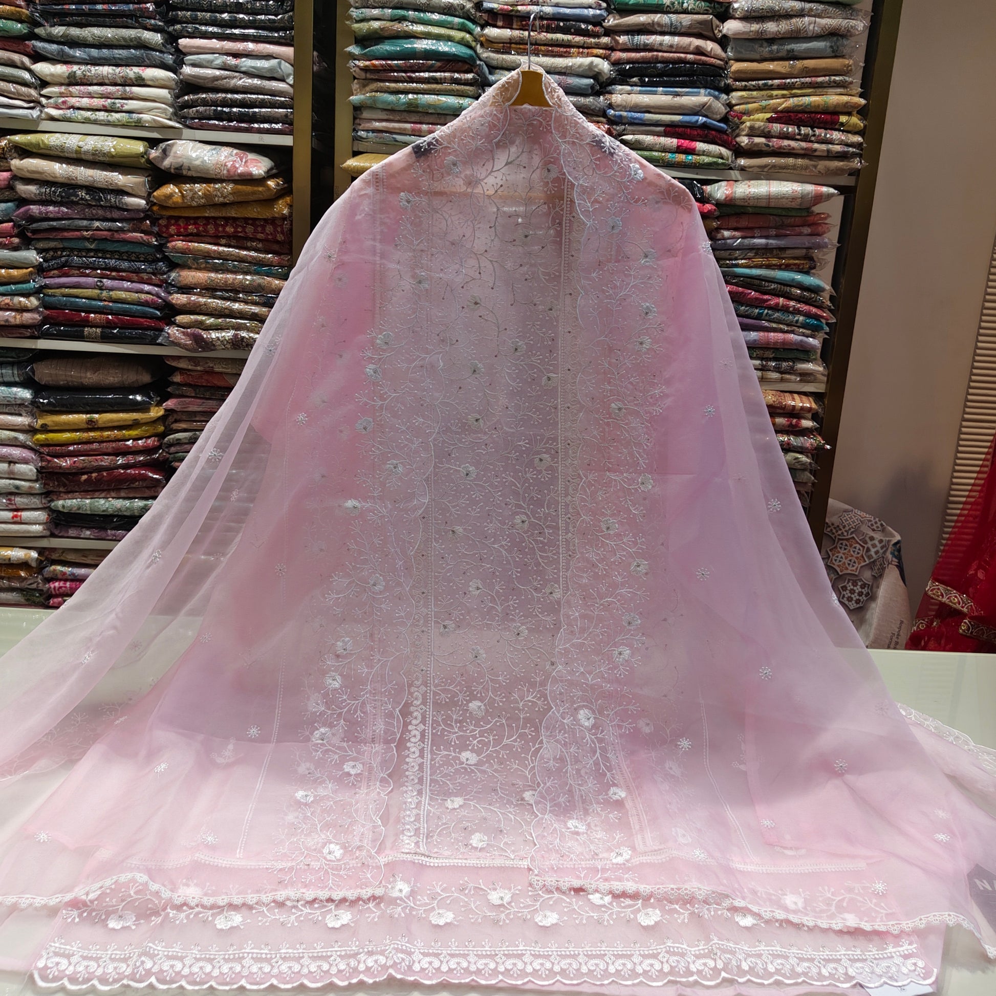 Baby Pink Organza Suit Set
Thread Work Dress Material
Festive Organza Ethnic Wear
Elegant Unstitched Suit Set
Organza Dupatta Suit Collection