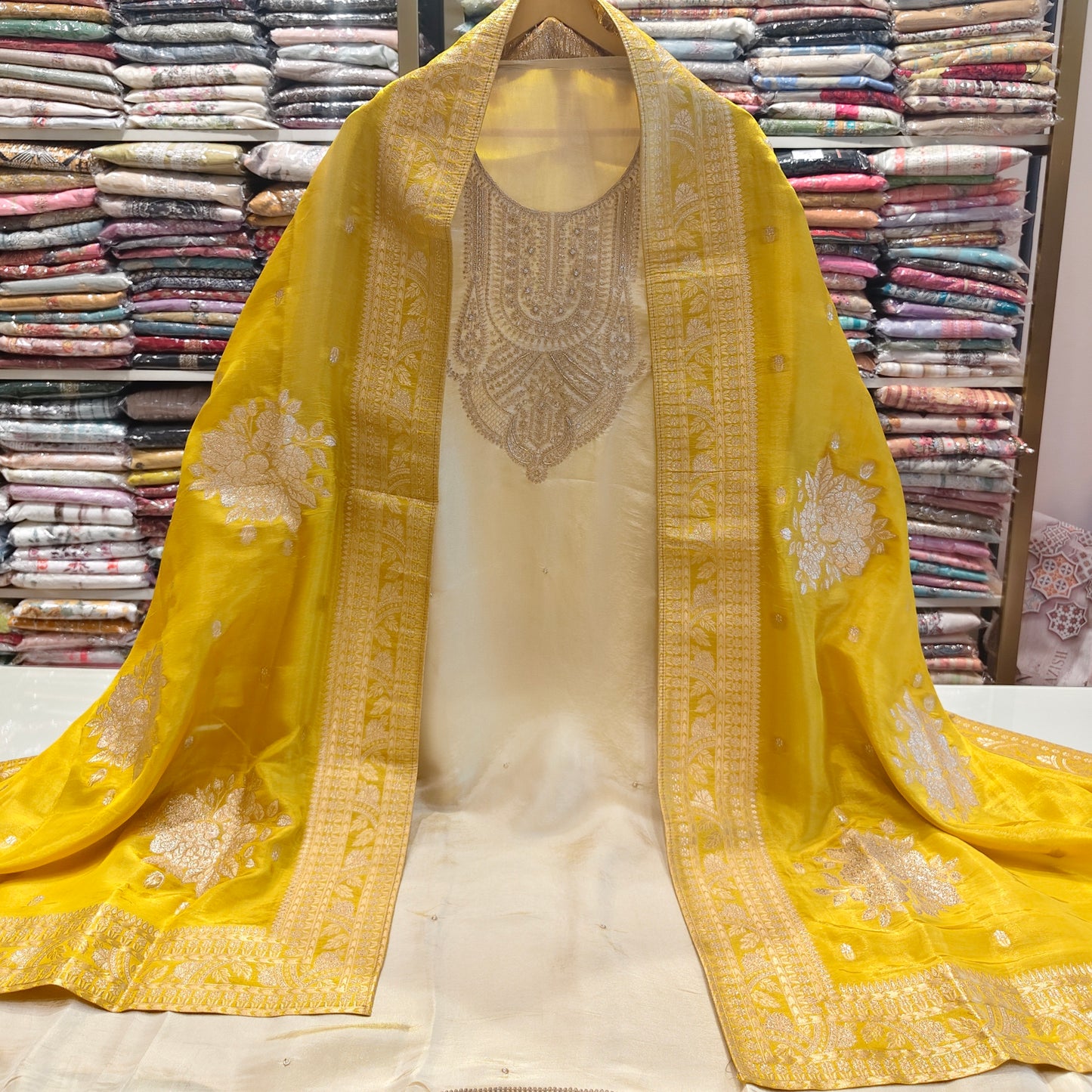 Mustard Tissue Suit Set
Zari Dabka Work Dress Material
Luxury Festive Ethnic Wear
Tissue Dupatta Suit Collection
Designer Unstitched Suit Set