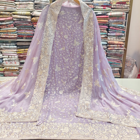 Light Purple Organza Suit Set
Bird Motif Thread Work Suit
Elegant Organza Dress Material
Festive Unstitched Ethnic Wear
Organza Dupatta Suit Collection